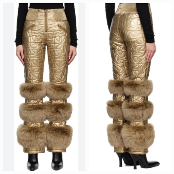 Moose Knuckles Pants - Moose Knuckles Metallic Gold Quilted Ski Pants with Fur Trim
